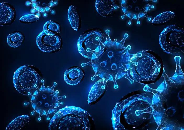 Futuristic viral infection with glowing low polygonal virus cells